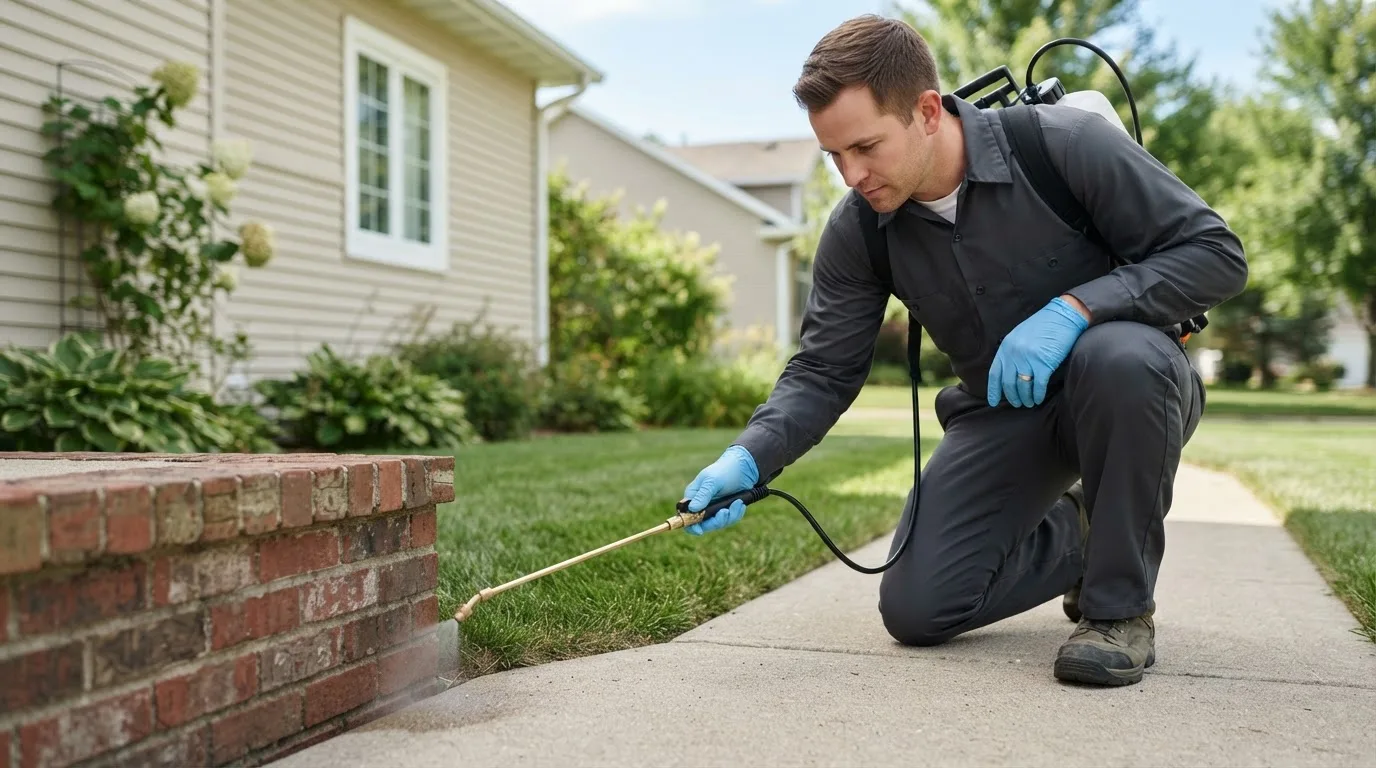 Pest control technician treating a home near Bremen, ME