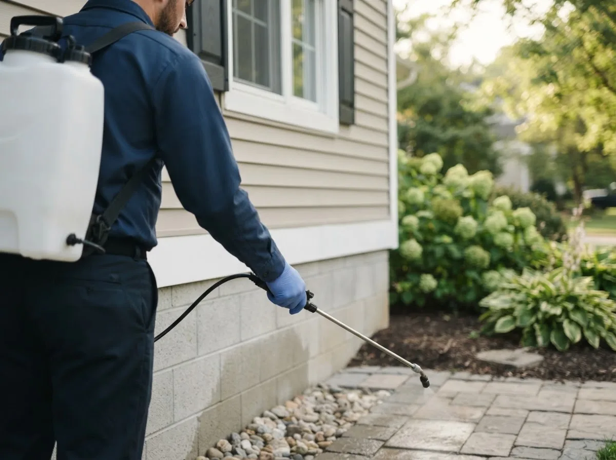 Pest control technician inspecting a home in Bremen, ME